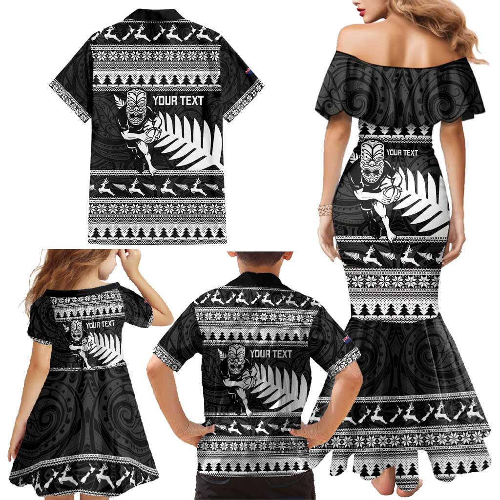 New Zealand Christmas Rugby Personalised Family Matching Mermaid Dress and Hawaiian Shirt Meri Kirihimete All Black Maori - Polynesian Pride