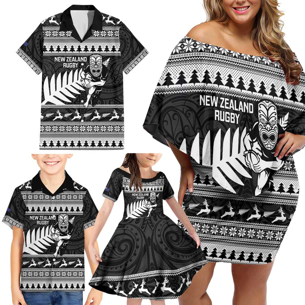 New Zealand Christmas Rugby Personalised Family Matching Off Shoulder Short Dress and Hawaiian Shirt Meri Kirihimete All Black Maori - Polynesian Pride