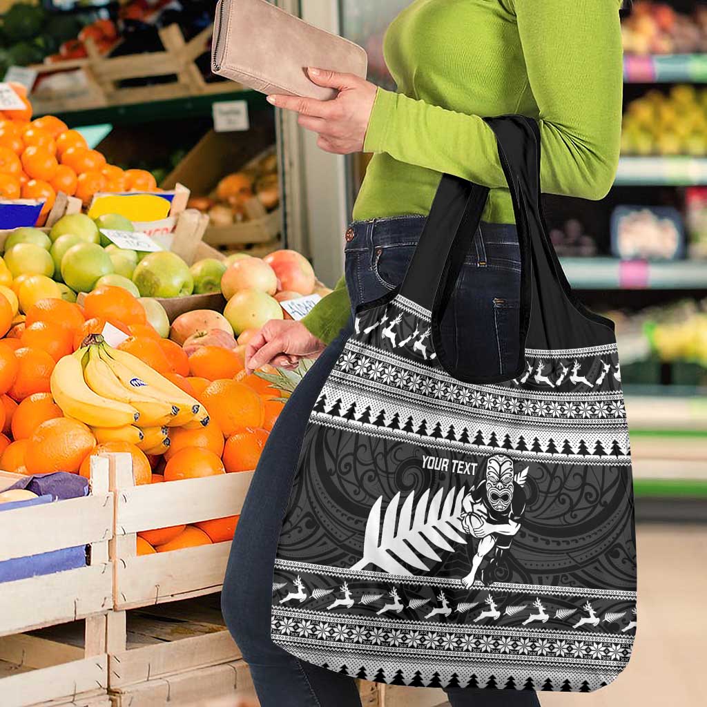 New Zealand Christmas Rugby Personalised Grocery Bag Meri Kirihimete All Black Maori - Polynesian Pride