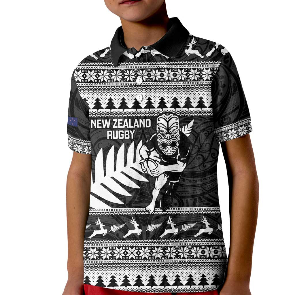 New Zealand Christmas Rugby Personalised Kid Polo Shirt Meri Kirihimete All Black Maori LT14 Kid Black - Polynesian Pride