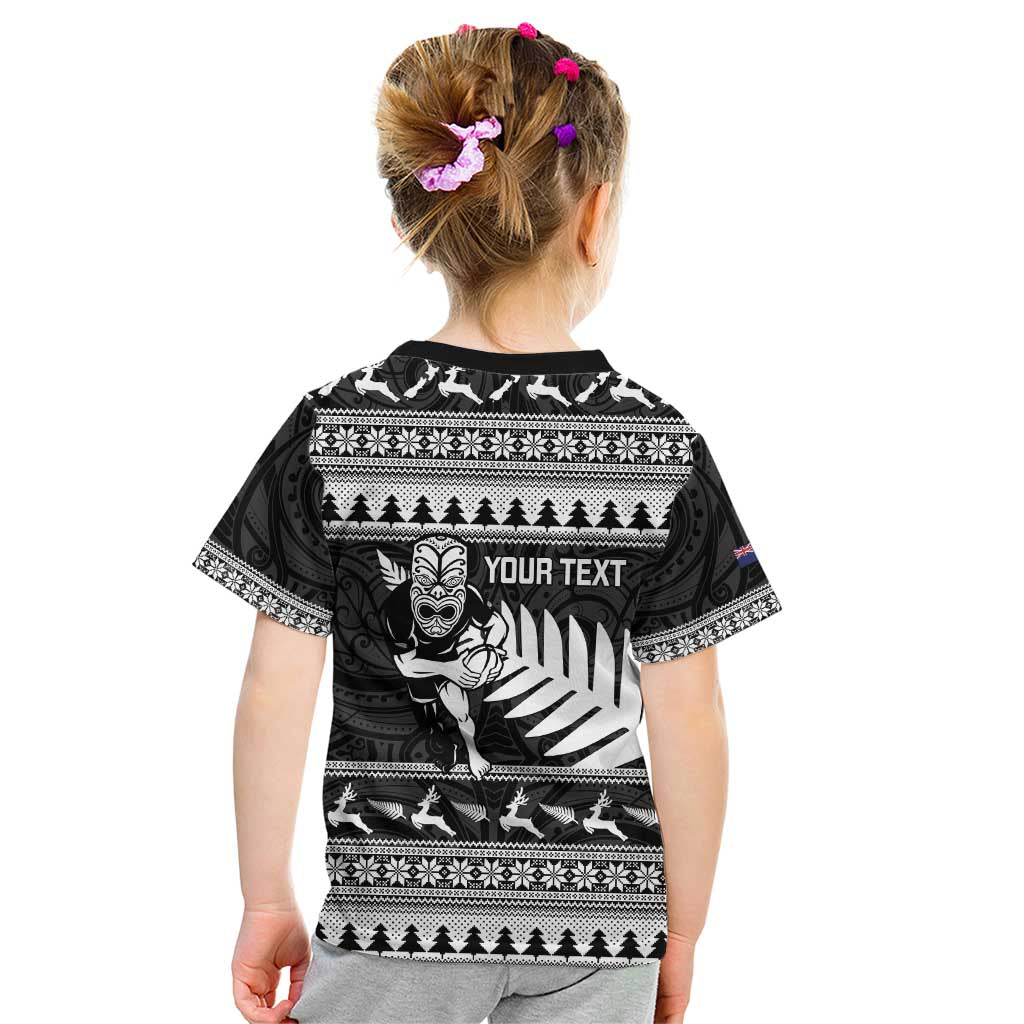 New Zealand Christmas Rugby Personalised Kid T Shirt Meri Kirihimete All Black Maori - Polynesian Pride