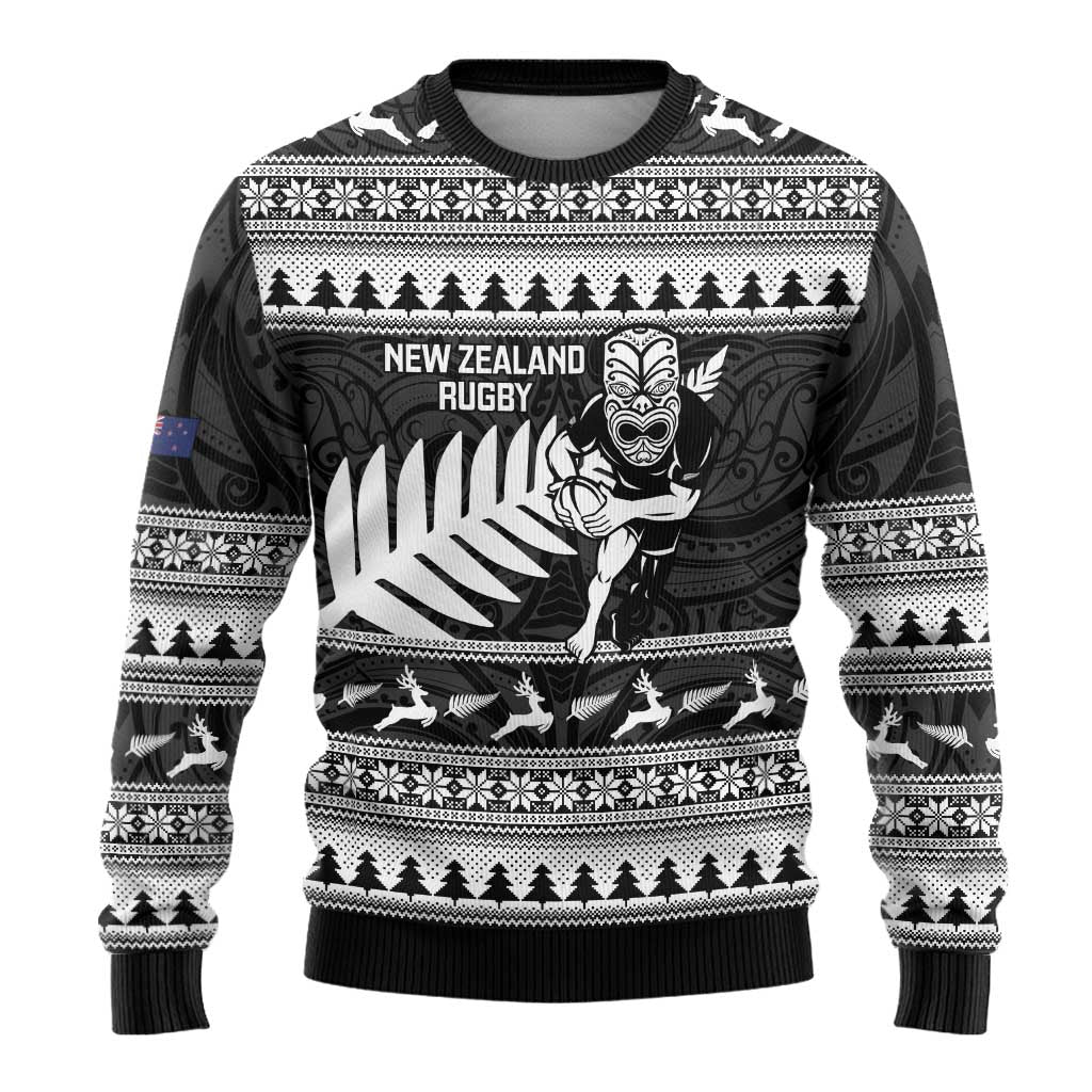 New Zealand Christmas Rugby Personalised Ugly Christmas Sweater Meri Kirihimete All Black Maori - Polynesian Pride