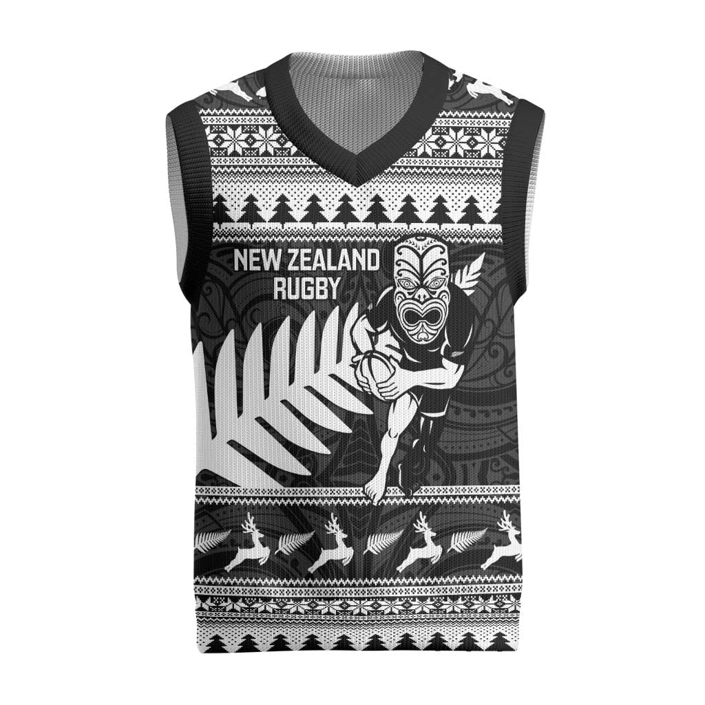 New Zealand Christmas Rugby Personalised Christmas Knitted V-Neck Vest Meri Kirihimete All Black Maori - Polynesian Pride