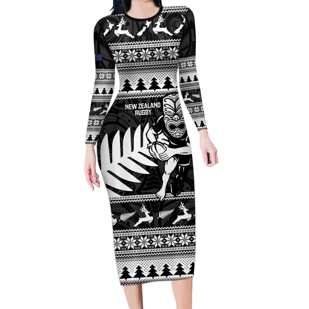 New Zealand Christmas Rugby Personalised Long Sleeve Bodycon Dress Meri Kirihimete All Black Maori - Polynesian Pride