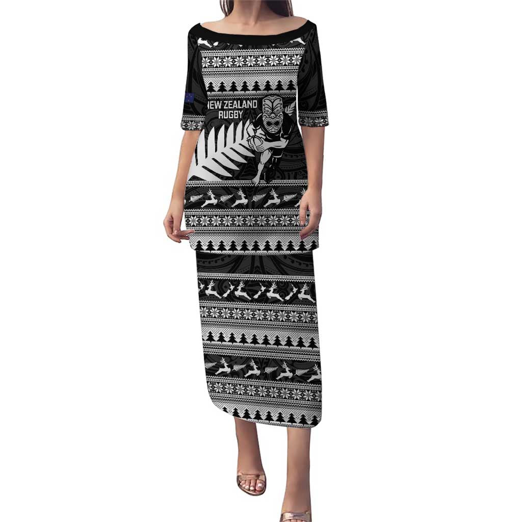 New Zealand Christmas Rugby Personalised Puletasi Meri Kirihimete All Black Maori LT14 Long Dress Black - Polynesian Pride