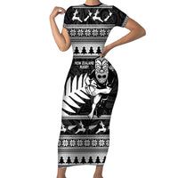 New Zealand Christmas Rugby Personalised Short Sleeve Bodycon Dress Meri Kirihimete All Black Maori LT14 Long Dress Black - Polynesian Pride