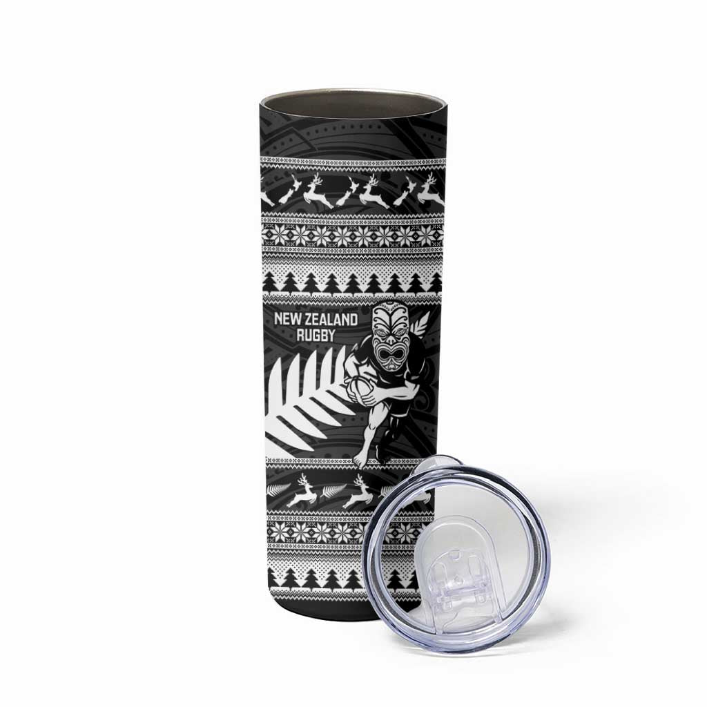 New Zealand Christmas Rugby Personalised Skinny Tumbler Meri Kirihimete All Black Maori - Polynesian Pride