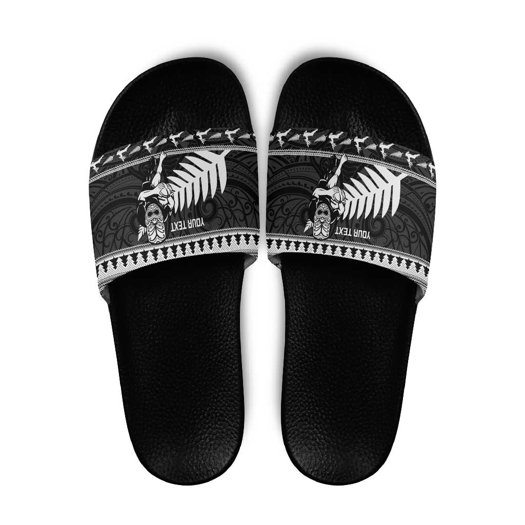 New Zealand Christmas Rugby Personalised Slide Sandals Meri Kirihimete All Black Maori LT14 Black - Polynesian Pride