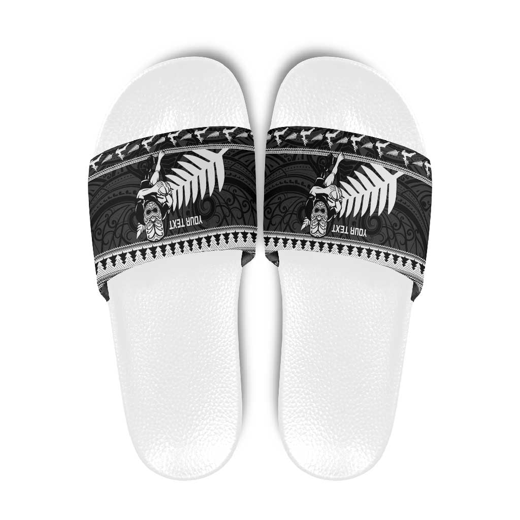 New Zealand Christmas Rugby Personalised Slide Sandals Meri Kirihimete All Black Maori LT14 Black - Polynesian Pride