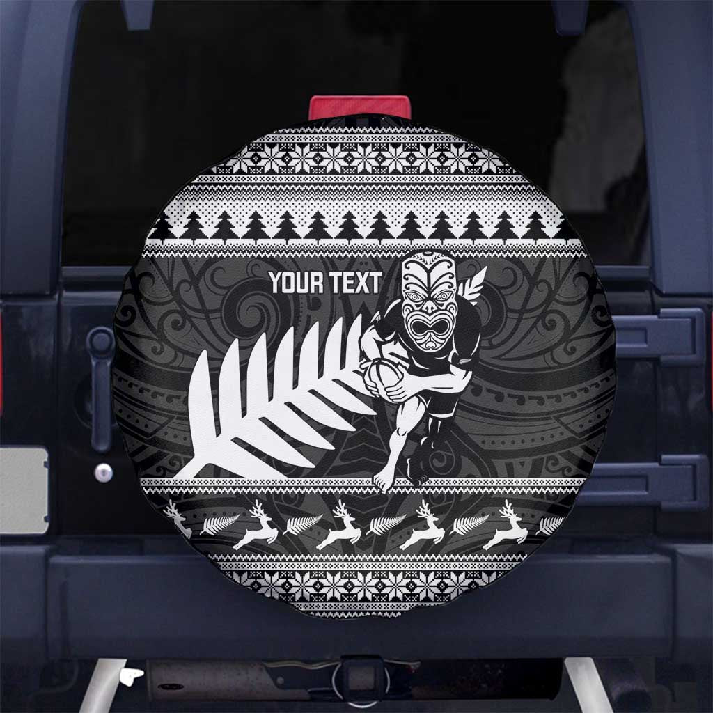 New Zealand Christmas Rugby Personalised Spare Tire Cover Meri Kirihimete All Black Maori LT14 No hole Black - Polynesian Pride