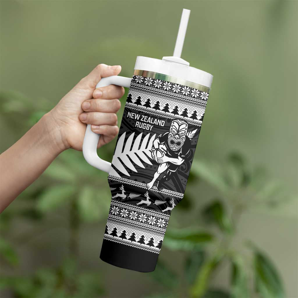New Zealand Christmas Rugby Personalised Tumbler With Handle Meri Kirihimete All Black Maori - Polynesian Pride