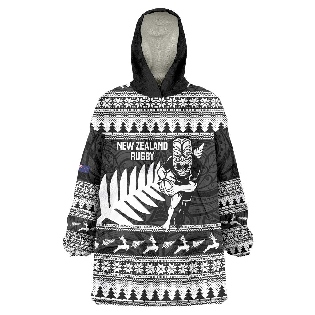 New Zealand Christmas Rugby Personalised Wearable Blanket Hoodie Meri Kirihimete All Black Maori LT14 One Size Black - Polynesian Pride