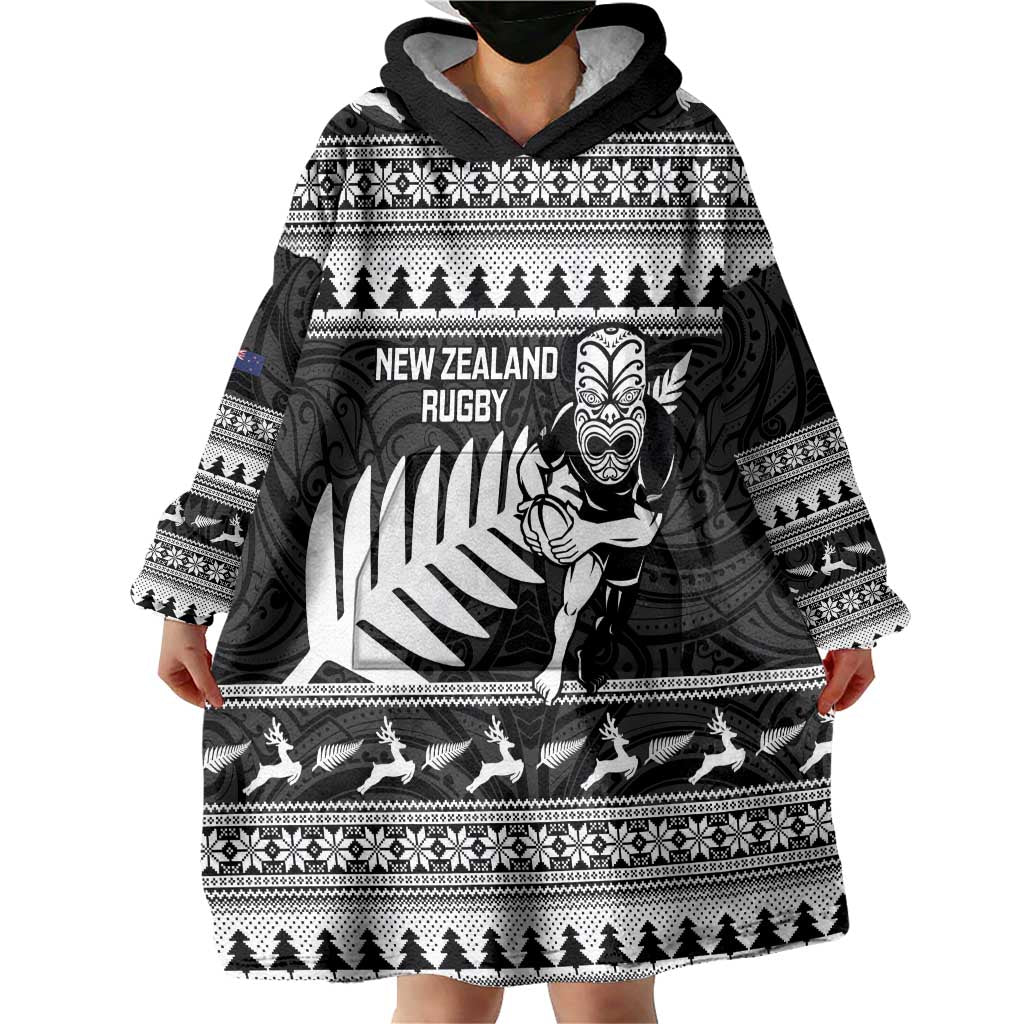 New Zealand Christmas Rugby Personalised Wearable Blanket Hoodie Meri Kirihimete All Black Maori LT14 - Polynesian Pride
