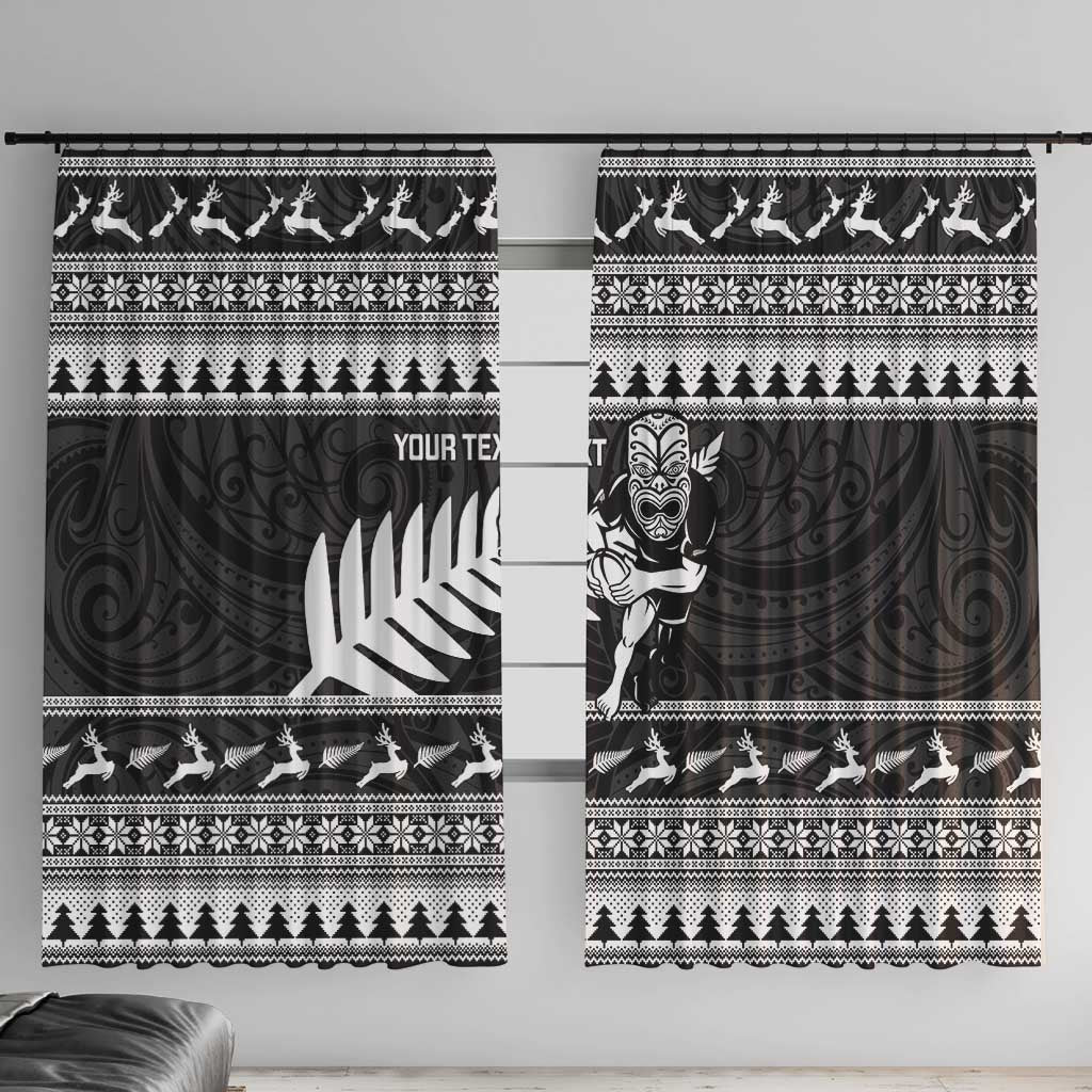 New Zealand Christmas Rugby Personalised Window Curtain Meri Kirihimete All Black Maori LT14 With Hooks Black - Polynesian Pride