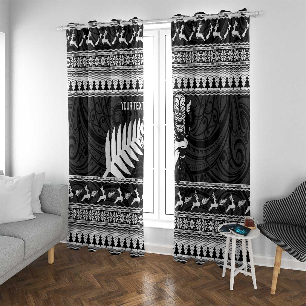 New Zealand Christmas Rugby Personalised Window Curtain Meri Kirihimete All Black Maori LT14 With Grommets Black - Polynesian Pride