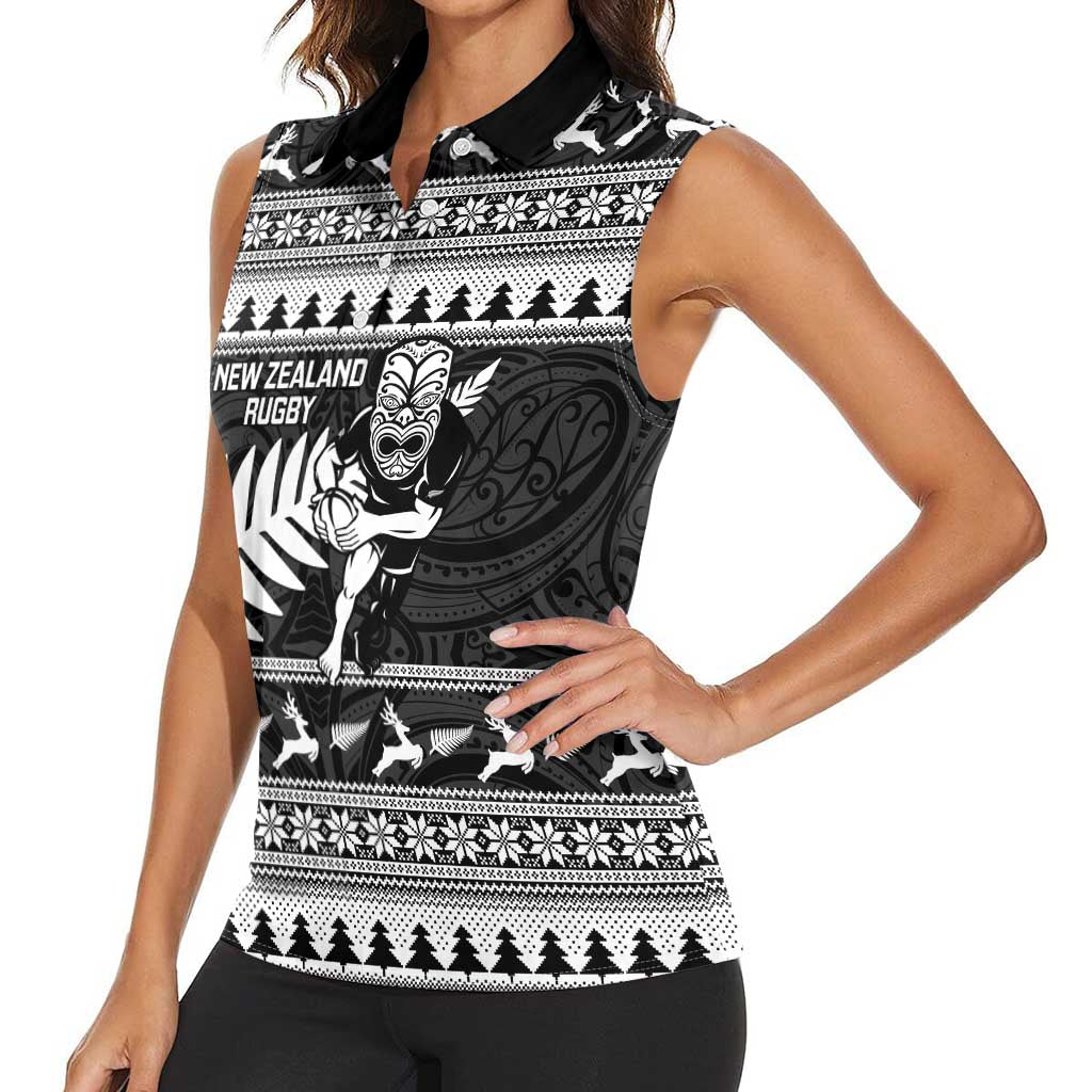 New Zealand Christmas Rugby Personalised Women Sleeveless Polo Shirt Meri Kirihimete All Black Maori - Polynesian Pride