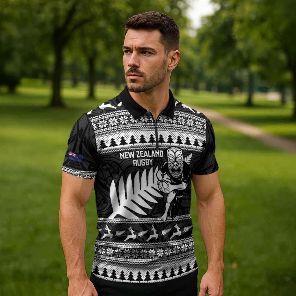 New Zealand Christmas Rugby Personalised Zipper Polo Shirt Meri Kirihimete All Black Maori - Polynesian Pride