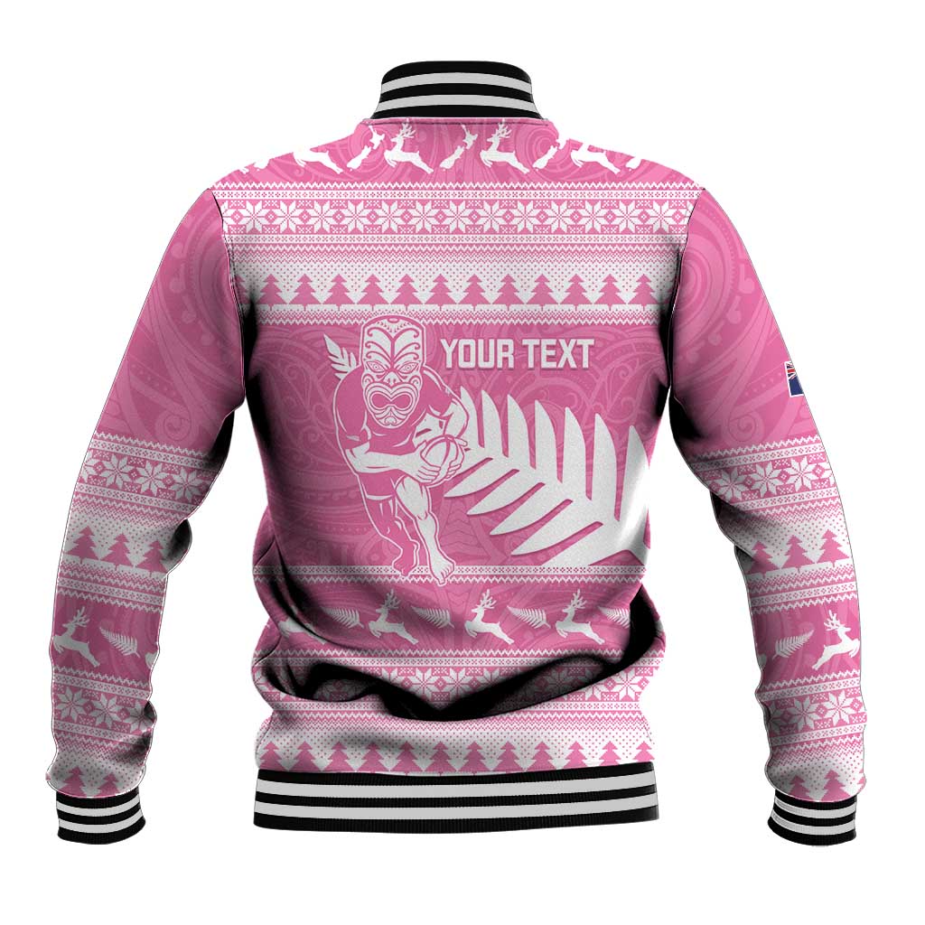 New Zealand Christmas Rugby Personalised Baseball Jacket Meri Kirihimete All Black Maori Pink Version - Polynesian Pride