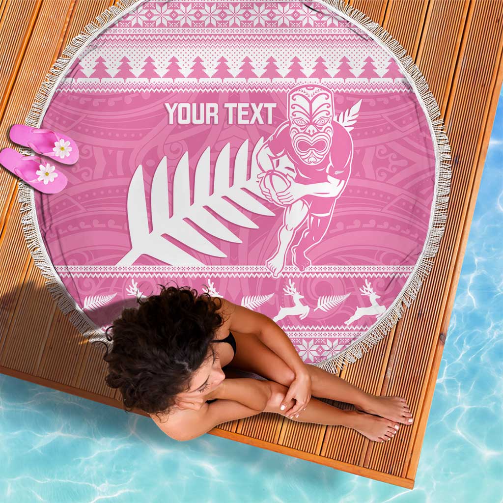 New Zealand Christmas Rugby Personalised Beach Blanket Meri Kirihimete All Black Maori Pink Version LT14 - Polynesian Pride