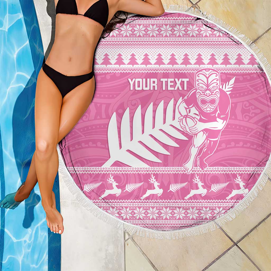 New Zealand Christmas Rugby Personalised Beach Blanket Meri Kirihimete All Black Maori Pink Version LT14 - Polynesian Pride