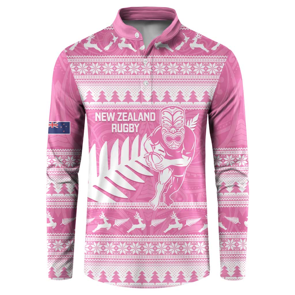 New Zealand Christmas Rugby Personalised Button Sweatshirt Meri Kirihimete All Black Maori Pink Version - Polynesian Pride