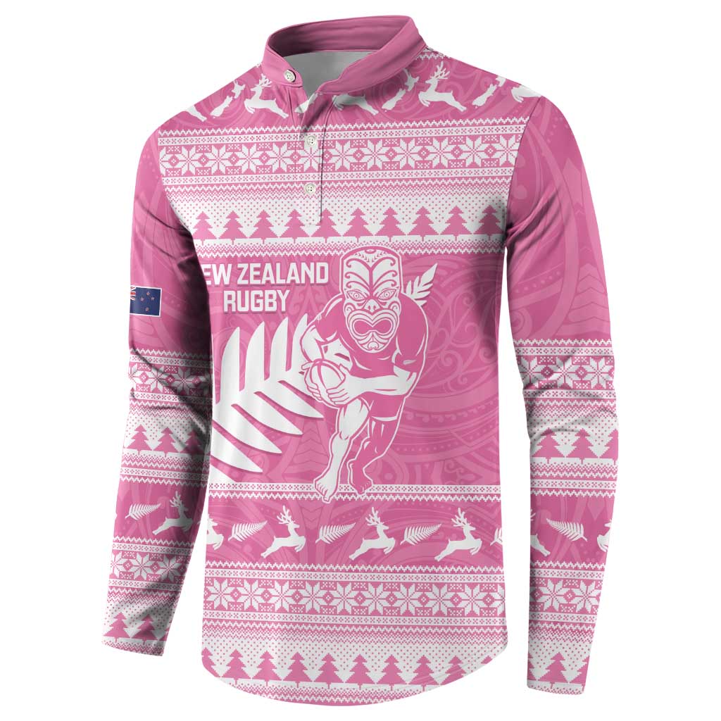 New Zealand Christmas Rugby Personalised Button Sweatshirt Meri Kirihimete All Black Maori Pink Version - Polynesian Pride