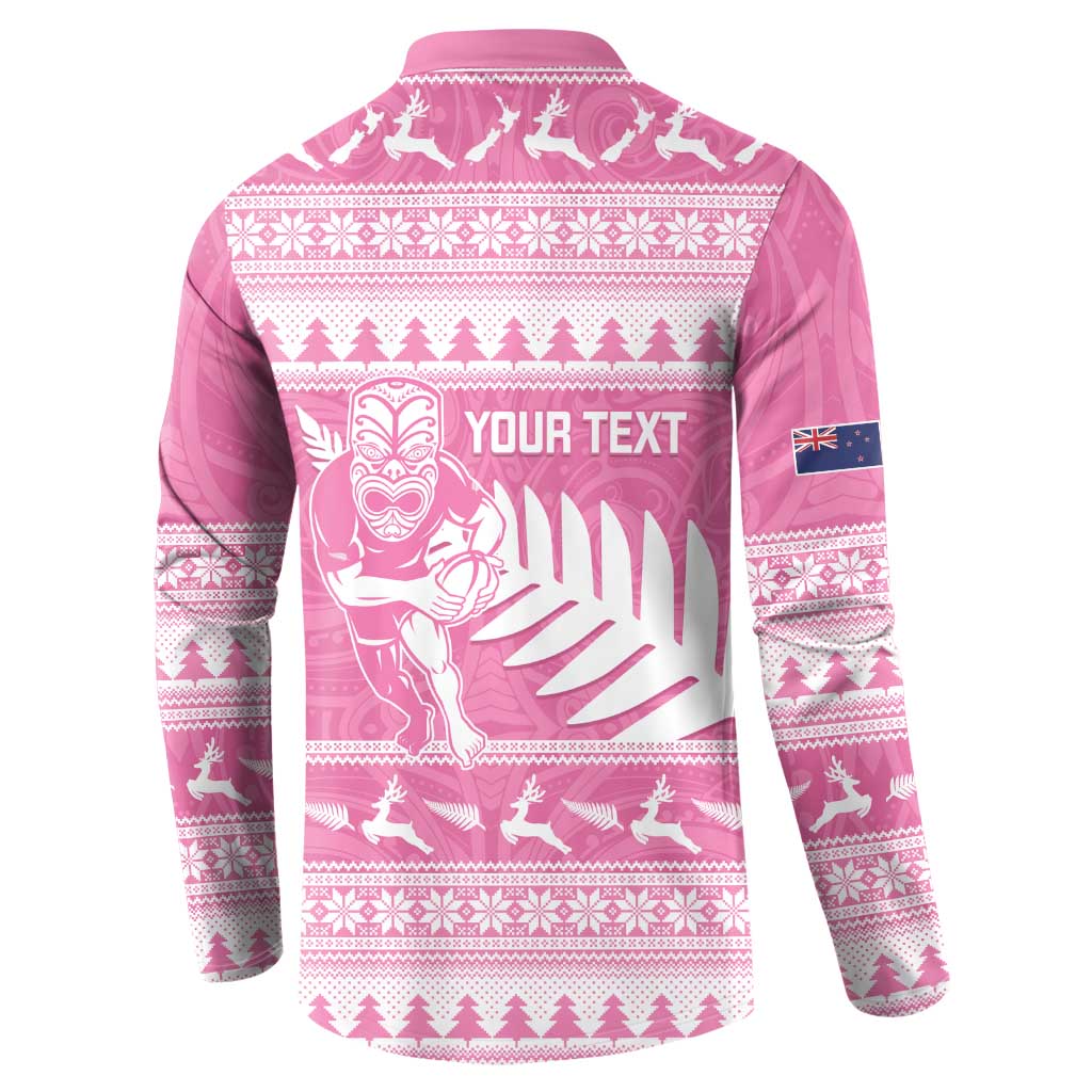 New Zealand Christmas Rugby Personalised Button Sweatshirt Meri Kirihimete All Black Maori Pink Version - Polynesian Pride