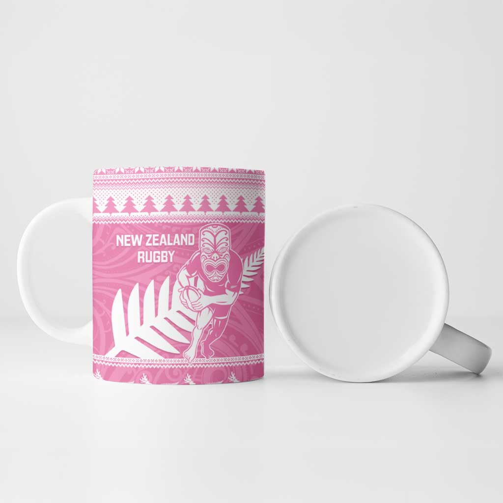 New Zealand Christmas Rugby Personalised Ceramic Mug Meri Kirihimete All Black Maori Pink Version - Polynesian Pride