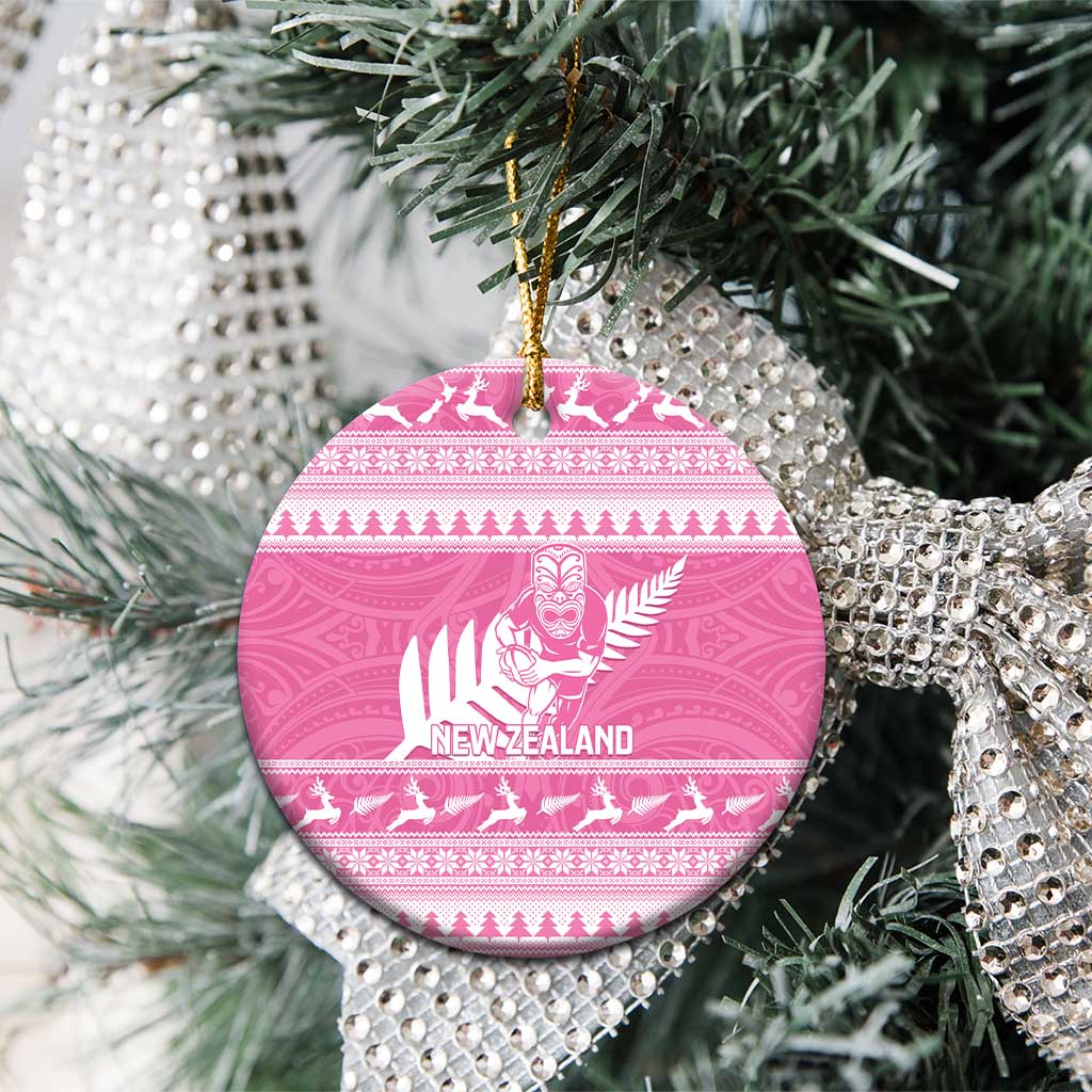 New Zealand Christmas Rugby Personalised Ceramic Ornament Meri Kirihimete All Black Maori Pink Version LT14 - Polynesian Pride