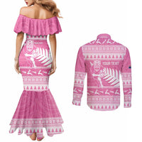 New Zealand Christmas Rugby Personalised Couples Matching Mermaid Dress and Long Sleeve Button Shirt Meri Kirihimete All Black Maori Pink Version - Polynesian Pride
