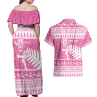 New Zealand Christmas Rugby Personalised Couples Matching Off Shoulder Maxi Dress and Hawaiian Shirt Meri Kirihimete All Black Maori Pink Version - Polynesian Pride
