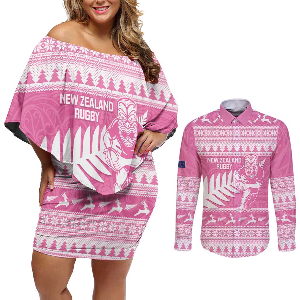 New Zealand Christmas Rugby Personalised Couples Matching Off Shoulder Short Dress and Long Sleeve Button Shirt Meri Kirihimete All Black Maori Pink Version - Polynesian Pride