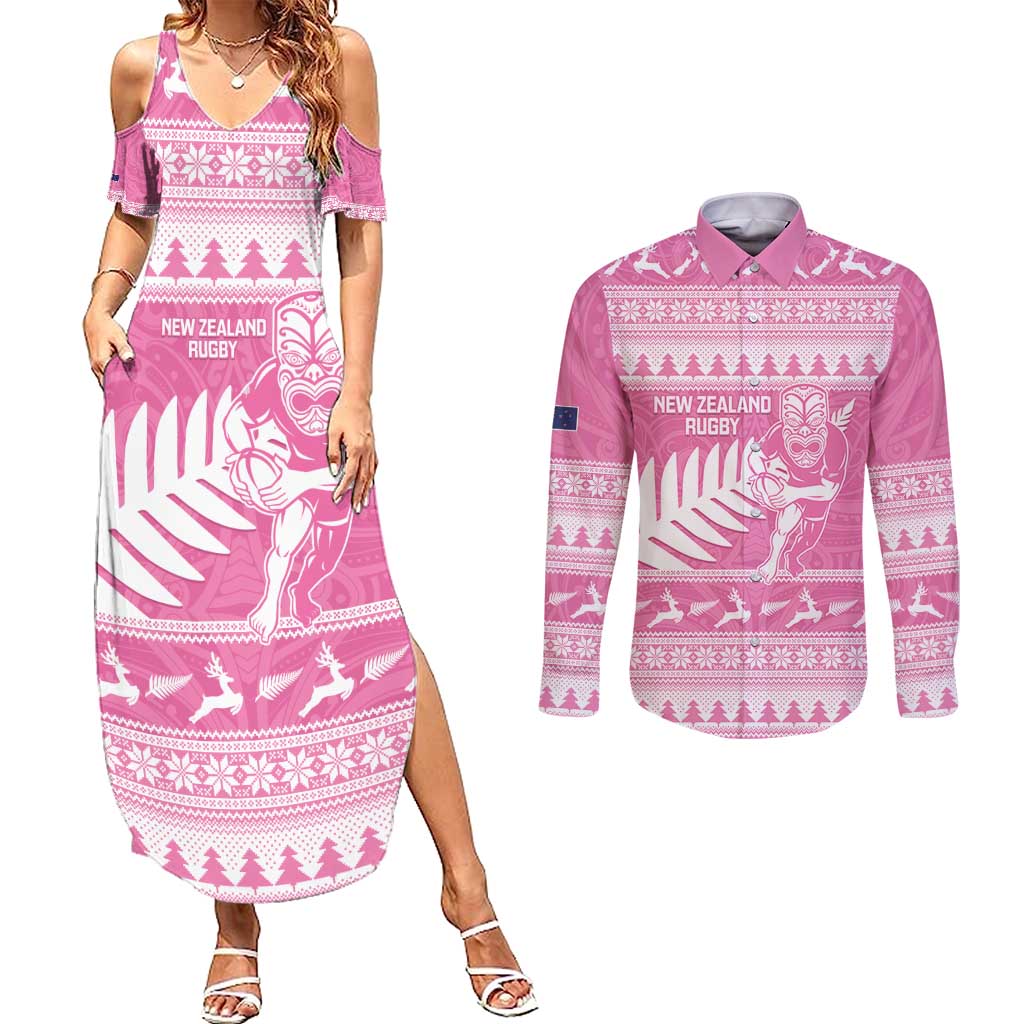 New Zealand Christmas Rugby Personalised Couples Matching Summer Maxi Dress and Long Sleeve Button Shirt Meri Kirihimete All Black Maori Pink Version - Polynesian Pride