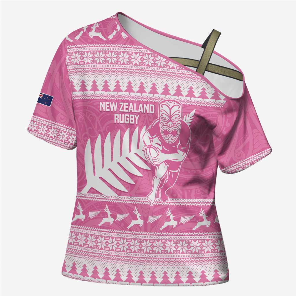 New Zealand Christmas Rugby Personalised Cross Shoulder Shirt Meri Kirihimete All Black Maori Pink Version - Polynesian Pride