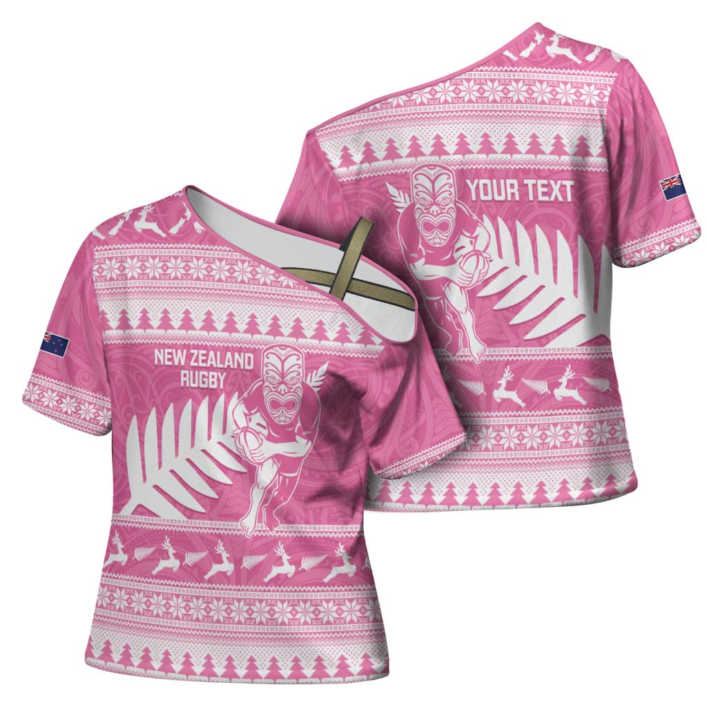 New Zealand Christmas Rugby Personalised Cross Shoulder Shirt Meri Kirihimete All Black Maori Pink Version - Polynesian Pride