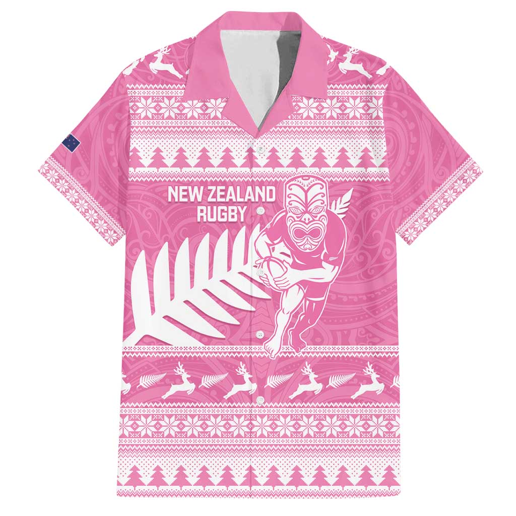 New Zealand Christmas Rugby Personalised Family Matching Long Sleeve Bodycon Dress and Hawaiian Shirt Meri Kirihimete All Black Maori Pink Version - Polynesian Pride