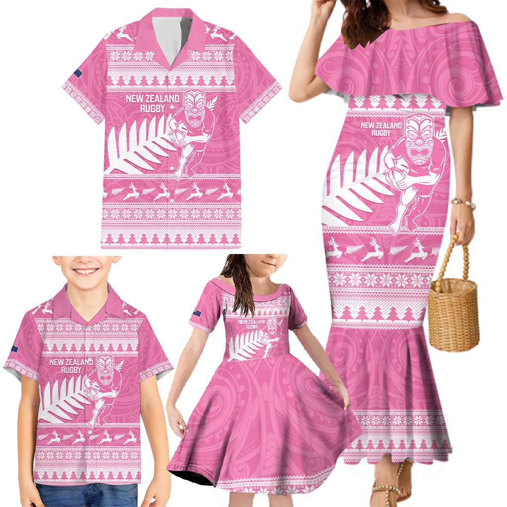 New Zealand Christmas Rugby Personalised Family Matching Mermaid Dress and Hawaiian Shirt Meri Kirihimete All Black Maori Pink Version - Polynesian Pride