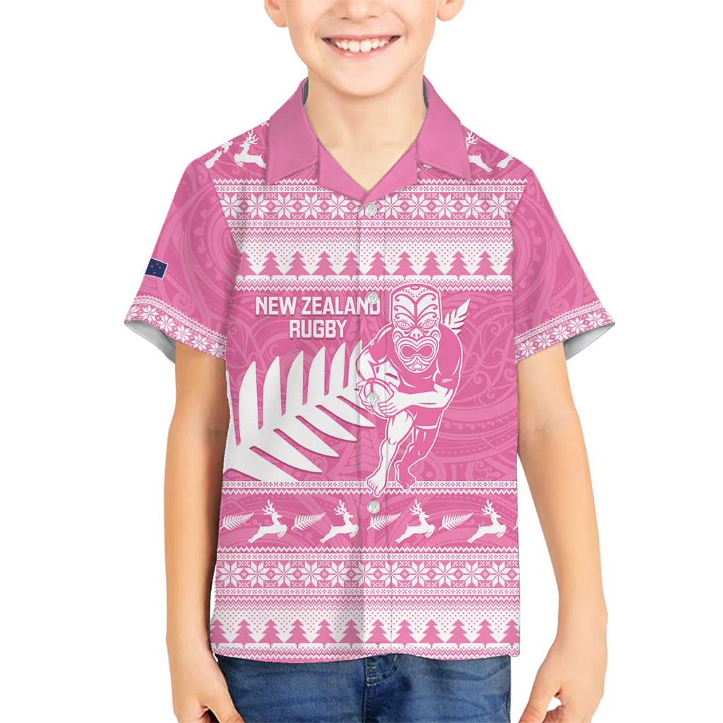 New Zealand Christmas Rugby Personalised Family Matching Off Shoulder Maxi Dress and Hawaiian Shirt Meri Kirihimete All Black Maori Pink Version - Polynesian Pride