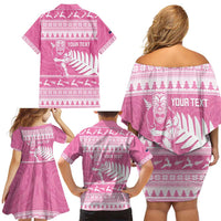 New Zealand Christmas Rugby Personalised Family Matching Off Shoulder Short Dress and Hawaiian Shirt Meri Kirihimete All Black Maori Pink Version - Polynesian Pride