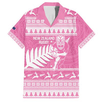 New Zealand Christmas Rugby Personalised Family Matching Off Shoulder Short Dress and Hawaiian Shirt Meri Kirihimete All Black Maori Pink Version - Polynesian Pride