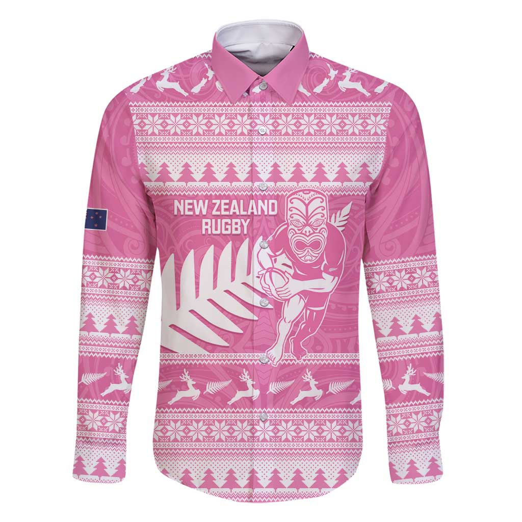 New Zealand Christmas Rugby Personalised Family Matching Off Shoulder Short Dress and Hawaiian Shirt Meri Kirihimete All Black Maori Pink Version - Polynesian Pride