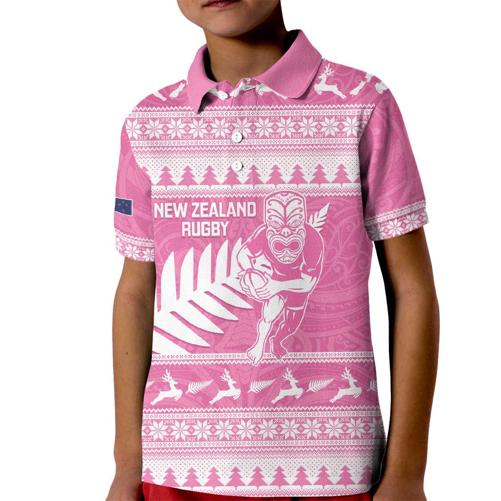 New Zealand Christmas Rugby Personalised Kid Polo Shirt Meri Kirihimete All Black Maori Pink Version - Polynesian Pride