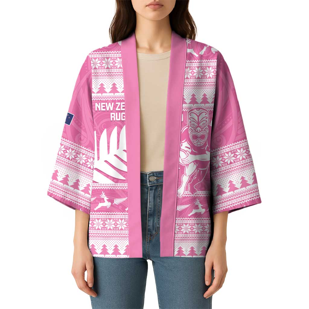 New Zealand Christmas Rugby Personalised Kimono Meri Kirihimete All Black Maori Pink Version - Polynesian Pride