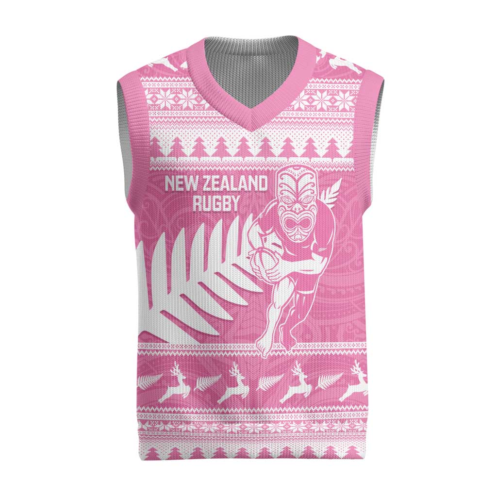 New Zealand Christmas Rugby Personalised Christmas Knitted V-Neck Vest Meri Kirihimete All Black Maori Pink Version - Polynesian Pride