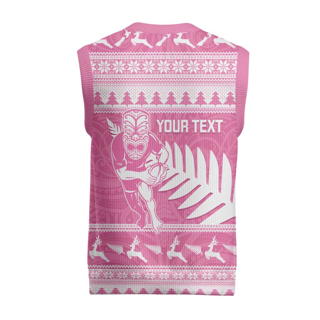 New Zealand Christmas Rugby Personalised Christmas Knitted V-Neck Vest Meri Kirihimete All Black Maori Pink Version - Polynesian Pride