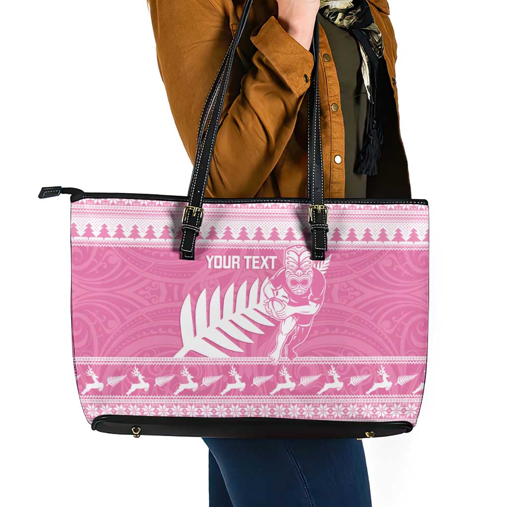 New Zealand Christmas Rugby Personalised Leather Tote Bag Meri Kirihimete All Black Maori Pink Version - Polynesian Pride
