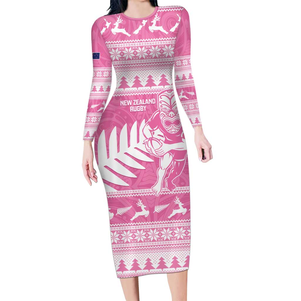 New Zealand Christmas Rugby Personalised Long Sleeve Bodycon Dress Meri Kirihimete All Black Maori Pink Version - Polynesian Pride