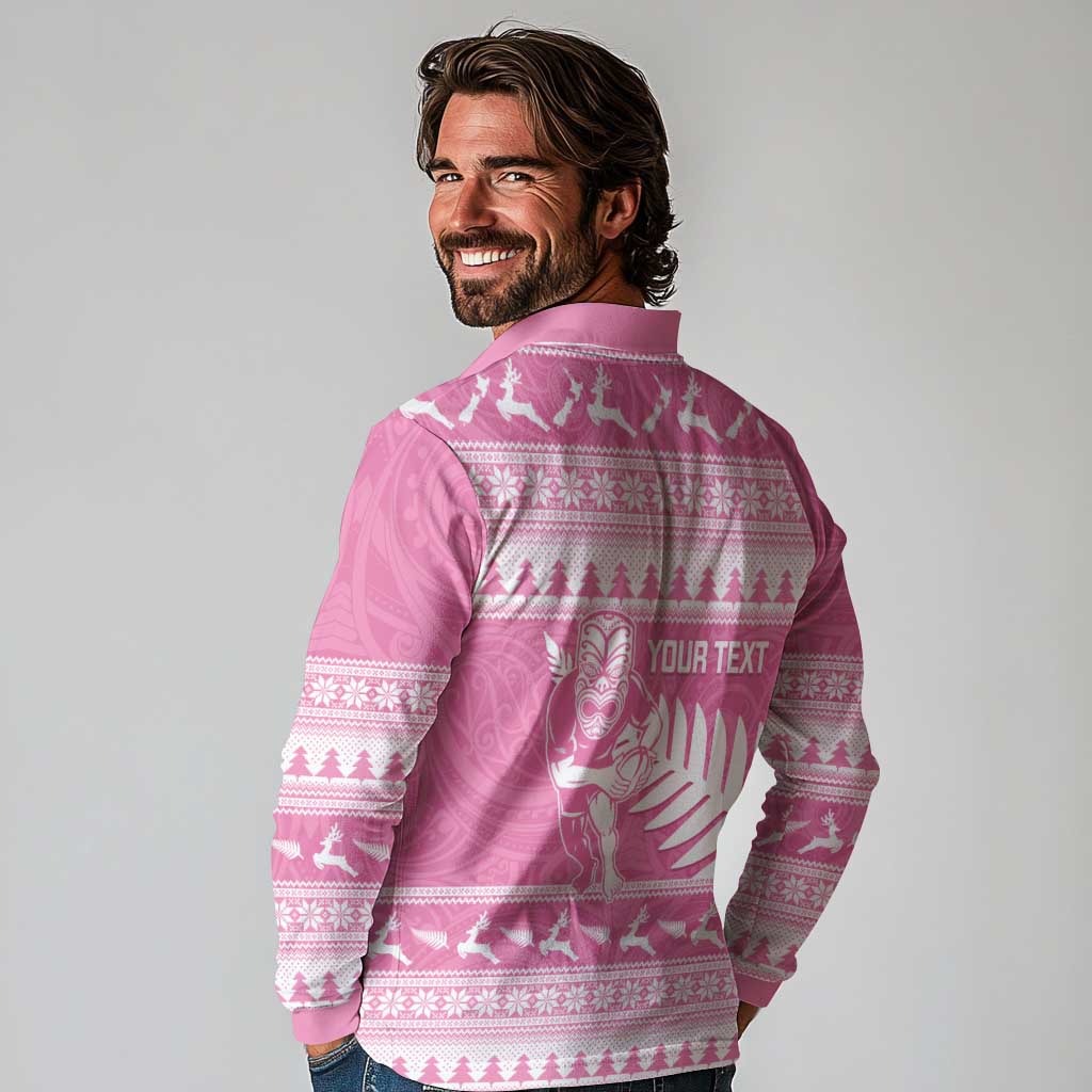 New Zealand Christmas Rugby Personalised Long Sleeve Polo Shirt Meri Kirihimete All Black Maori Pink Version - Polynesian Pride
