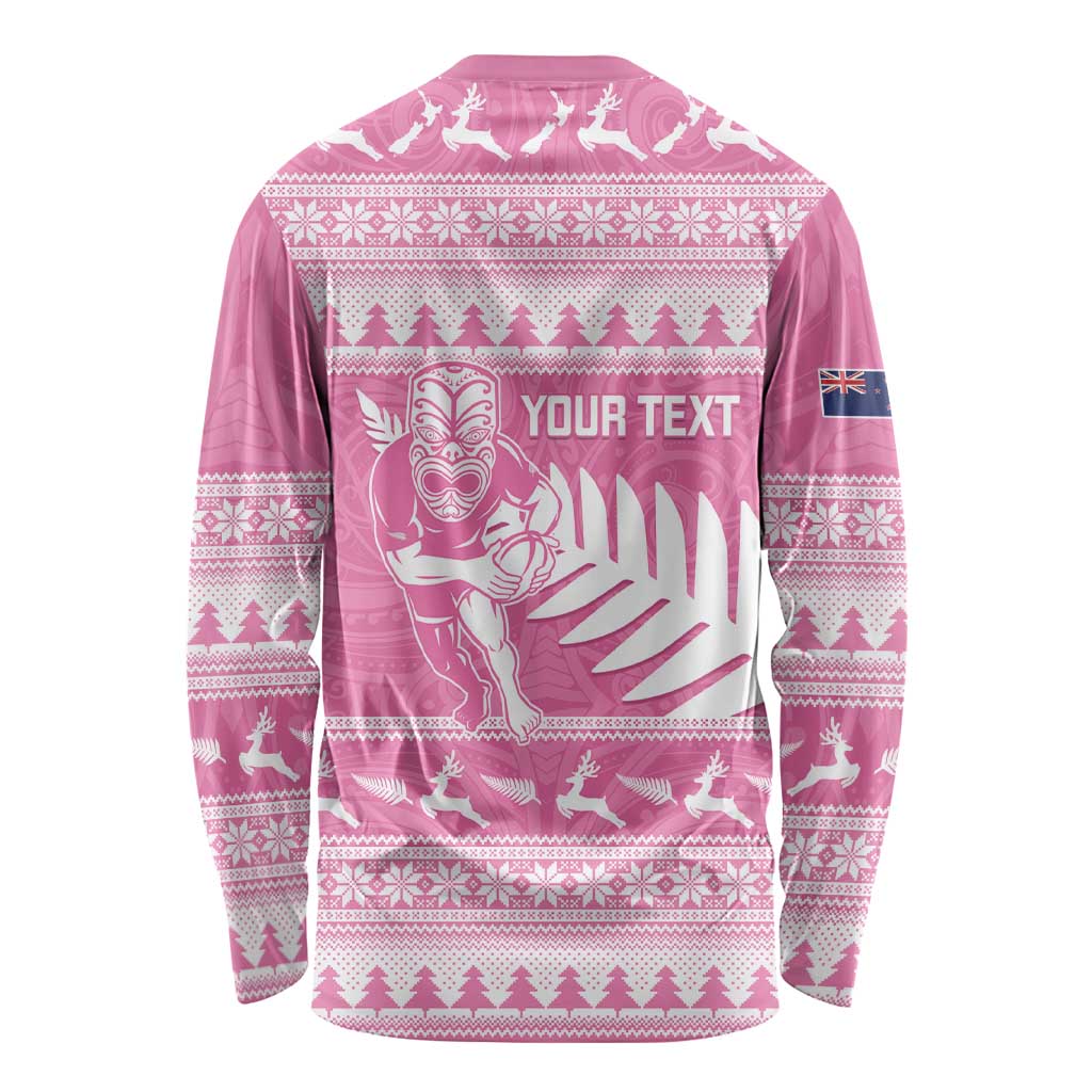 New Zealand Christmas Rugby Personalised Long Sleeve Shirt Meri Kirihimete All Black Maori Pink Version - Polynesian Pride