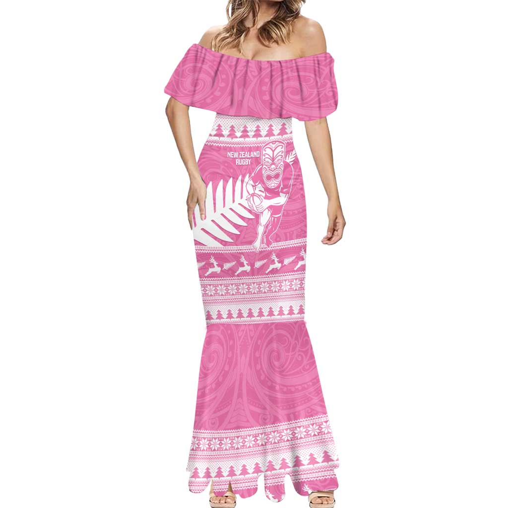 New Zealand Christmas Rugby Personalised Mermaid Dress Meri Kirihimete All Black Maori Pink Version - Polynesian Pride